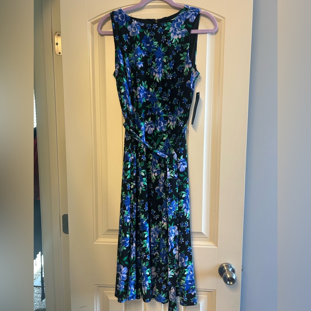 NWT Black Label by Evan Picone Black Midi Dress with Blue & Green Floral Print
